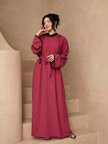 時尚百搭波點連帽長款女款 2 件套優雅柔軟 Abaya 外罩袍 + 腰帶套裝 防曬穆斯林服飾披肩 - 玫紅色 - 查看 4