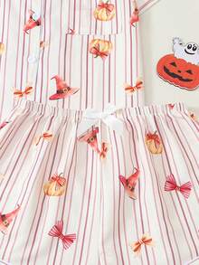 Women's Halloween Print Short Sleeve Shorts Bubble Crinkle Pajama Set - Red Violet - View 6