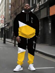 Vibrant Colorblock Streetwear, Black Yellow White Triangle Patchwork King Hoodie & Sweatpants Set - Multicolor - View 1