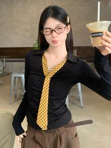 Kaos Lengan Panjang Hitam Wanita Gaya Korea Musim Gugur Slim Fit Atasan Dalaman Kasual - Hitam - View 7