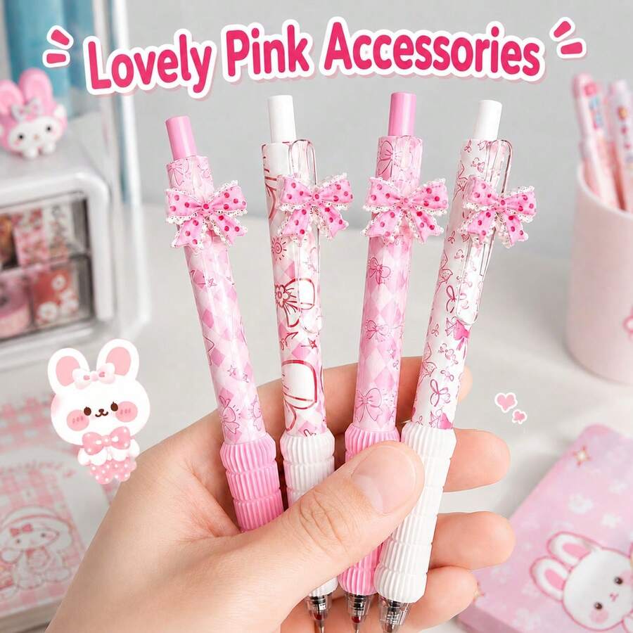 1/4pcs Retractable Pens, 0.5Mm Fine Black Ink,Three-Dimensional Bowknot Design, Sponge Handle Comfortable Soft Grip, Back To School, First Day Of School - Multicolor - View 1