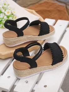 1 Pair Black Wedge Platform Sandals For Teen Girls, Minimalist Beach Vacation Style, Girls' Summer Sandals (Runs Small), Solid Color Straw Woven Kids' Sandals, Suitable For Holiday And Daily Wear - Black - View 6