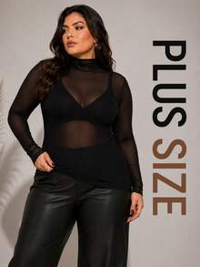 Blusa Feminina Tule Plus Size Blusinha Transparente Confortável e Elegante para Sair Noite Balada Eventos Shows e Festival Manga Longa Transparente em Tela - Preto - Visão 5