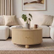 Round Coffee Table, Living Room Table, Vertical Relief Structure, Two Sliding Doors, MDF Frame, Metal Handles, Spherical Metal Feet, Four Separate Storage Compartments - 自然色 - 查看 5