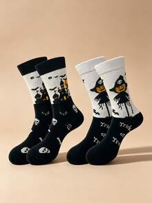 2 Pairs Halloween Couple Mid-Calf Socks, Women's, Haunted House, Skeleton, Bat, Scarecrow And Pumpkin Patterns, Collegiate Style Socks, Halloween Fun Casual Socks, Suitable For Daily Wear. - Multicolor - View 2