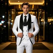 Elegant Men's Suit 3 Piece Suits One Button Slim Fit Double Breasted Clothes For Men Prom Bussiness Wedding Party  Anniversary  Graduation Season - 白色 - 查看 2