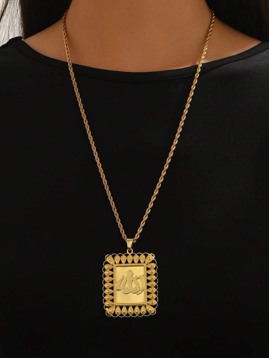 Vintage Arab Pattern Pendant Necklace Anti Tarnish 18K Gold Plated Stainless Steel Boho Middle Eastern Style Neck Accessory For Ladies Holiday - Gold - View 1