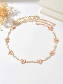 1pc Beach Vacation Style 3-Layer Stacked Design Pink Oil Drop Heart Pendant Gold Chain Body Chain Waist Chain, Fashionable Elegant Women's Accessory, Versatile Gift For Brides, Bridesmaids, Friends And Family For Wedding Season, Music Festival, Beach Party - Gold - View 4
