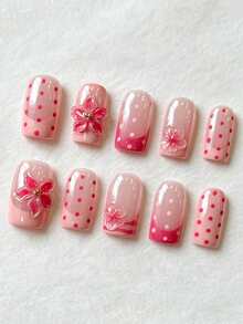 10pcs Gradient Pink Polka Dot Press-On Nails, Short Square Handmade Reusable Full Coverage Fake Nails With 3D Transparent Pink Flower & Gold Bead Decor, Ins Sweet Cute Style For Girls' Daily Manicure, Vacation, Date, Spring/Summer Nail Art - Pink - View 2