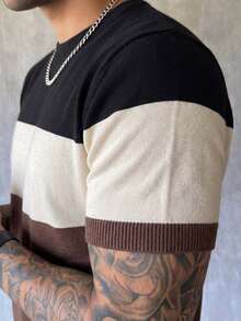 Men's Colorblock Crew Neck Short Sleeve Casual Knit Top - Coffee Brown - View 3