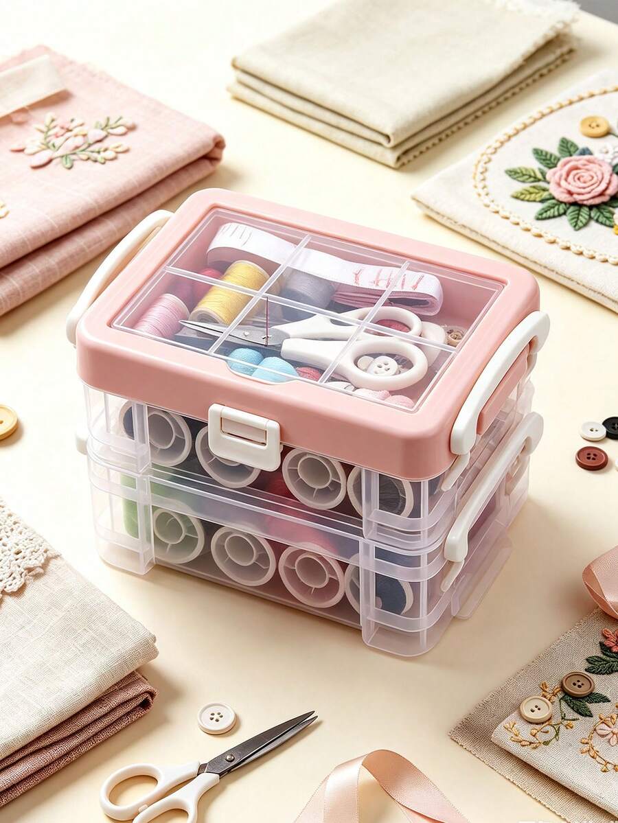 1/2 Set Sewing Kit, Home Sewing Repair Needle And Thread Bag, Portable Large 3-Layer Handmade Sewing Storage Box, Portable 3-Layer Sewing Bag With Transparent Storage Box For Fabric Organization - Conventional - View 1