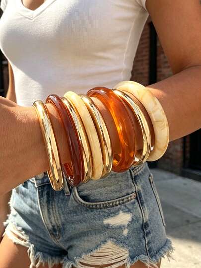 Conjunto de 8/4 pulseiras rígidas femininas vintage estilo casual descontraído, multicolor, em resina brilhante e metal, adequado para uso diário casual, festas, férias na praia e
