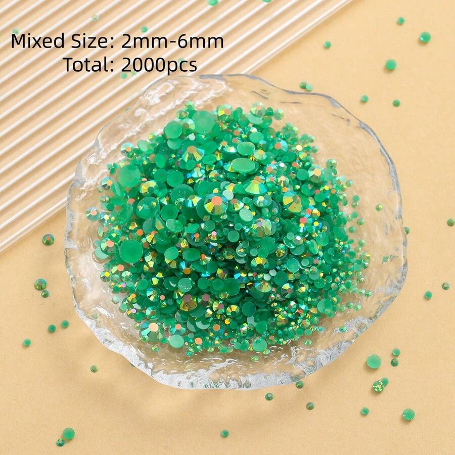 2MM-6MM 混合尺寸 2000顆/包 圓形平底樹脂水鑽,果凍糖 AB 色亮面亮片,DIY 寶石鑽石,黏貼式珠飾,適用於衣服、包包、鞋子、馬克杯、瓶子、保溫杯、手機、DIY 配件 - 深綠52 - 查看 1