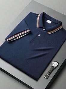 男士夏季輕量對比飾邊 Polo 衫 | 有領短袖休閒上衣，適合戶外、街頭、海灘、日常與輕量運動穿著 - 藏蓝色 - 查看 4