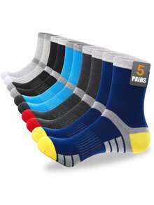 5 Pairs Men's Fashion Colorblock Mid-Calf Sports Socks, Moisture-Wicking Breathable Athletic Socks, Suitable For Running, Fitness Training And Casual Daily Wear - Multicolor - View 1