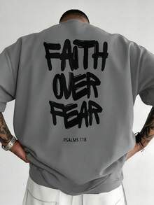 Men's Cotton Oversized Graphic Tee With Bold"Faith Over Fear"Print, Classic Crew Neck & Loose Y2K Hip-Hop Streetwear Fit.Versatile Casual Daily Top - Grey - View 10