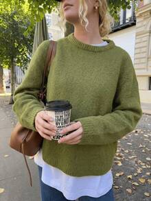 Women's Green Knit Pullover Sweater, Long Sleeve, Regular Length, Medium Stretch, Perfect For Autumn Casual Wear - Green - View 3