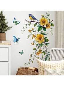 1pc Watercolor Yellow And Blue Butterfly Removable Self-Adhesive Wall Sticker, Fresh Green Floral Home Decor For Kitchen, Entrance And Living Room - Yellow Flower  and Blue Butterfly - View 4