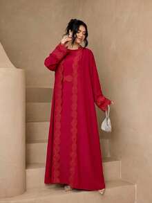 時尚百搭純色女款 4 件套優雅無袖長袍 + Abaya 開襟外套 + 圍巾 + 蕾絲腰帶套裝，柔軟親膚防曬穆斯林服飾披肩 - 棗紅色 - 查看 2