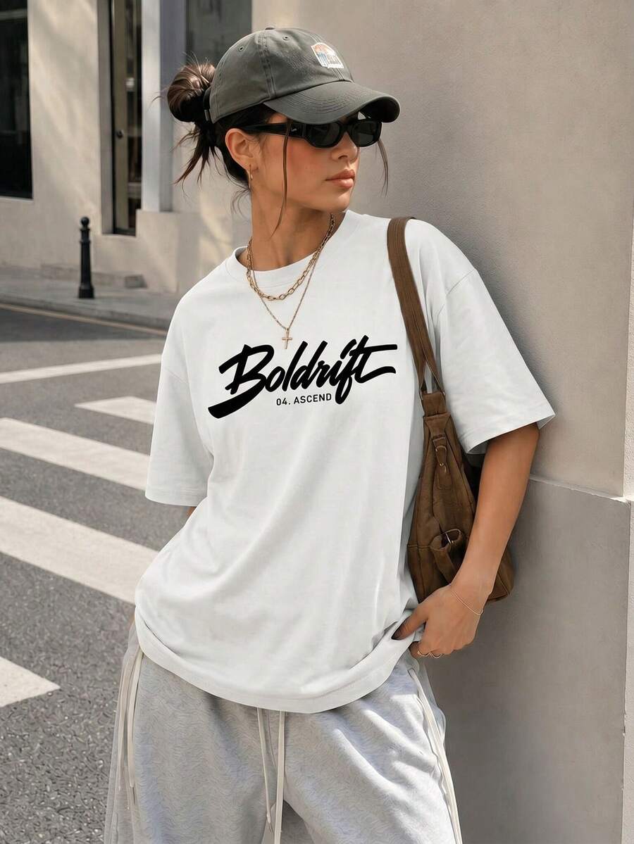 Women's White Y2K Script Letter Graphic Oversized T-Shirt, Drop Shoulder Crew Neck Short Sleeve Loose Fit Streetwear Campus Back To School Sports - White - View 1