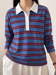Teen Girls Striped Polo Shirt, Blue & Red Contrast White Collar, Loose Fit, Casual College Style, Long Sleeve Pullover Top, Spring/Autumn - Blue - View 4
