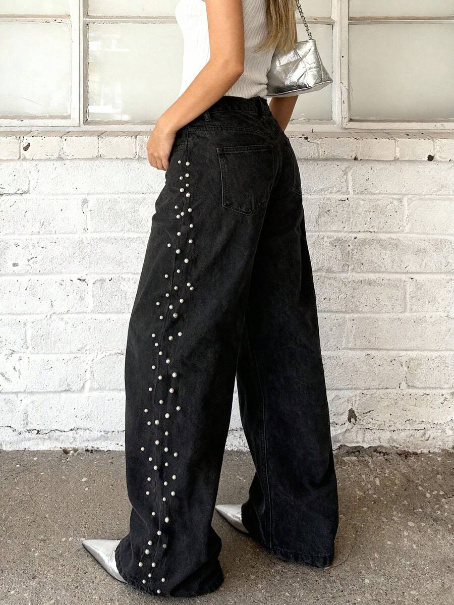 Women's Glamorous Side Beaded Straight Leg Denim Jeans - Black - View 1