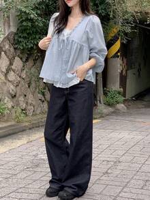 Korean Style Sweet Youthful Ruffle Petal Sleeve 2 In 1 Striped Loose Long Sleeve Blouse Top - Blue - View 7