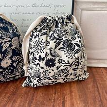 1pc Flower And Bird Printed Cotton Drawstring Storage Bag, Portable And Reusable Storage Bag - Multicolor - View 3