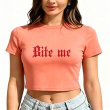 Letter-Printed Short Round-Neck Sexy Top Casual Sports Short-Sleeve Cropped Top - 珊瑚橙 - 查看 1