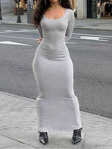 LovelyWholesale Women'S Casual Round Neck Long-Sleeved Bodycon Rib Knit Long Summer Dress For Women - Grey - View 3