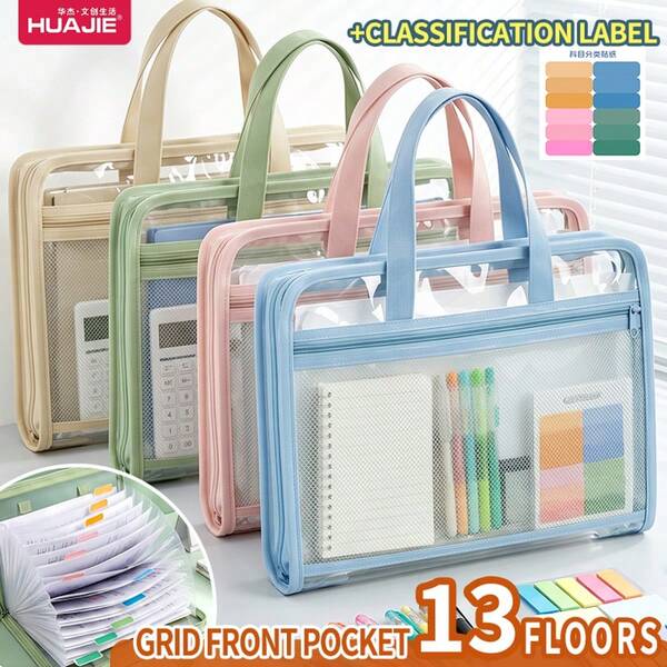 HUAJIE 13 Layers A4 Transparent Handheld Expanding File Folder With Mesh Front Pocket, Waterproof Portable Document Organizer Bag With Classification Label Stickers, Large Capacity Paper Test Paper Storage Tote For School Office Student