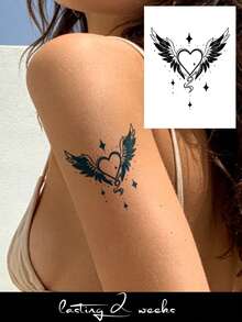 Herbal Juice Semi-Permanent Tattoo Sticker Design Wing Heart Pattern 14 Days No Fading Music Festival Party Gift Arm Shoulder Neck Collarbone Back Body Temporary Tattoo Sticker 1pc/Pack - Blue - View 1