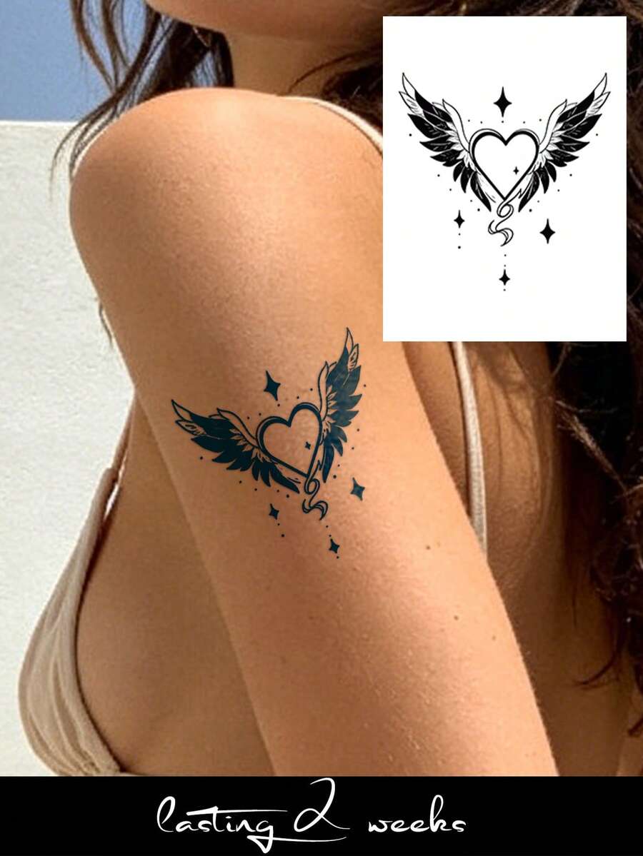 Herbal Juice Semi-Permanent Tattoo Sticker Design Wing Heart Pattern 14 Days No Fading Music Festival Party Gift Arm Shoulder Neck Collarbone Back Body Temporary Tattoo Sticker 1pc/Pack - Blue - View 1