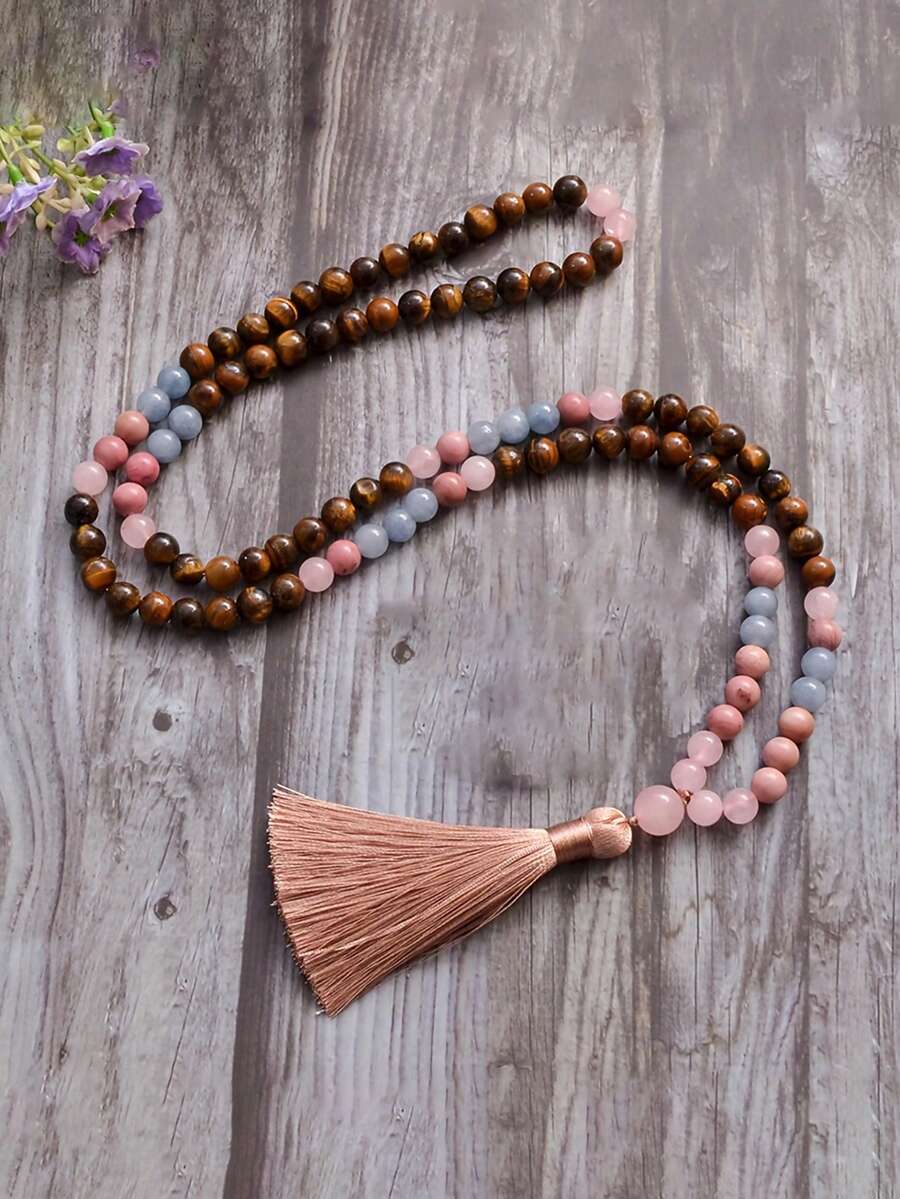 YAUKIA 1pc Elegant Fashion Women'S Beaded Necklace , 108 Mala Tiger'S Eye & Rose Quartz , Creativity Summer Jewelry Gift , Prayer Beads , For Daily Wear - Multicolor - View 1