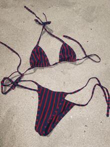 Women's Summer Red & Navy Vertical Striped Halter Bikini 2 Pieces Swimsuit, Suitable For Beach Party, Vacation, Christmas And Halloween Outfits - Navy Blue - View 1