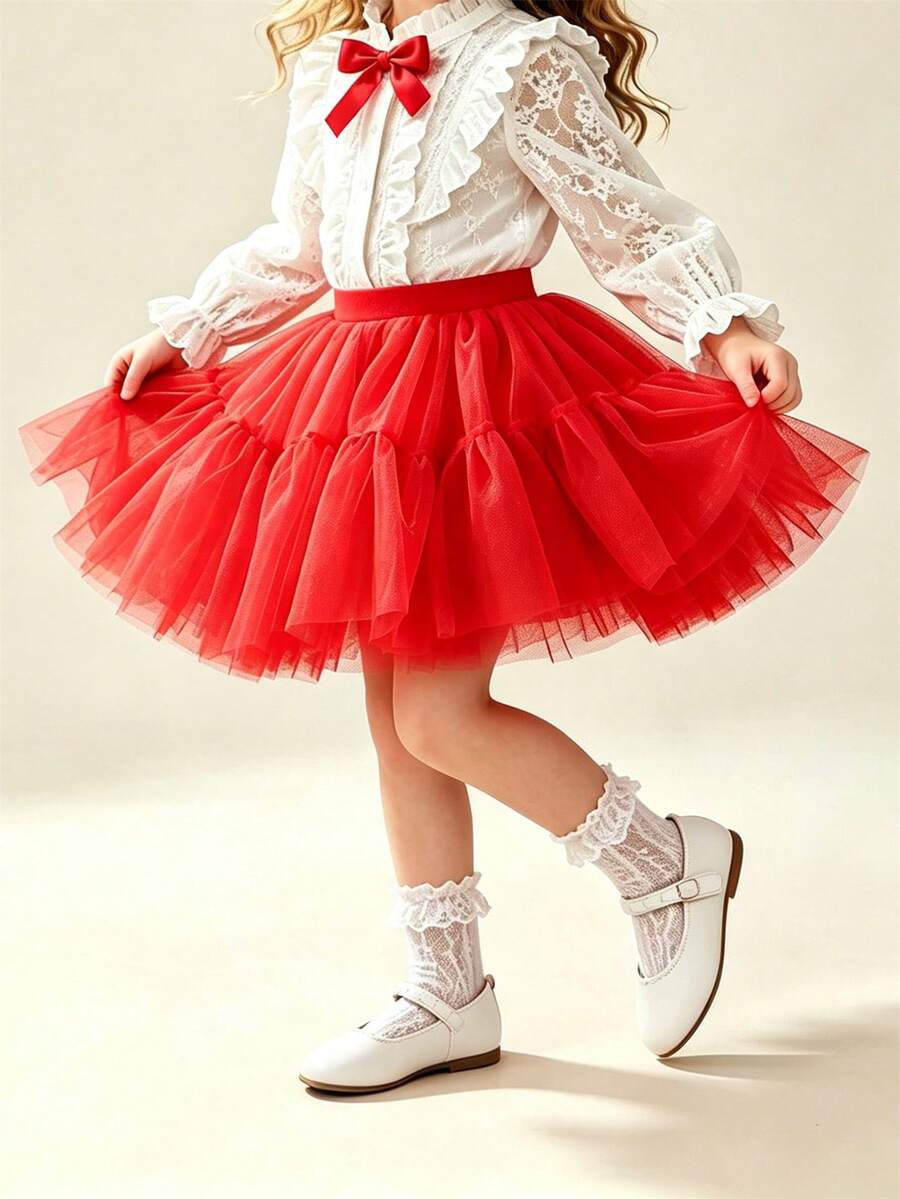 Falda mini de tul con volumen multicapa para niña, elegante y dulce - Rojo - Ver 1