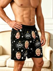 1件男士客製化臉部圖案與「Best Dad Ever」印花黑色休閒短褲，個性化舒適短褲，父親節禮物節日贈禮 - 彩色 - 查看 5