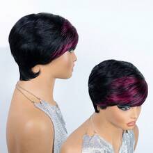 Perruque pour femmes 4 pouces/10,16 cm en cheveux humains brésiliens lisses - Noir naturel/Bourgogne 1B/99J coupe pixie courte avec frange, densité 180% coiffure lisse en couches convenant aux tons de peau, perruques fabriquées à la machine parfaites pour le port quotidien & les vacances & les fêtes - S1B/99J - Voir 7