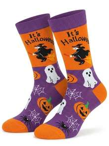 1 Pair Men's Fun Pattern Halloween Mid-Calf Socks, Witch Ghost Pumpkin Spider Design, Autumn/Winter Style, Gift For Boyfriend Son Husband - Multicolor - View 7