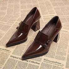 Glossy Patent Leather Pointed Toe Chunky Mid-Heel Loafers Women's Non-Slip Easy To Clean Office Daily Shoes 2 Colors - Burgundy - View 2