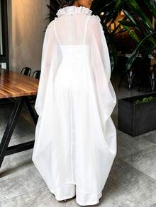 AOMEI 女款優雅白色寬鬆透視和服風洋裝，附荷葉邊飾、開襟與抽繩設計，婚禮賓客派對洋裝 - 白色 - 查看 5