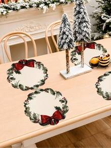 2/4/600pcs Christmas Party Flower Placemats - Vintage Holly And Red Bow Wreath; 13.78 Inch Linen Material; Tabletop Decor Non-Slip, Heat-Resistant And Machine Washable - Multicolor - View 2