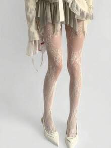 1 Pair Women's White Floral Lace Fishnet Tights, Elegant Sheer Mesh Hollow Out Pantyhose, Decorated With Romantic Floral Pattern, Soft Elastic Lace Socks, Suitable For Playful Outfits, Ballet Style, Bridesmaid Party, Date Night, Graduation Ball, Wedding Guest, Pair With Skirts And Dresses, Photogenic Fashion Leg Accessory - A - View 1
