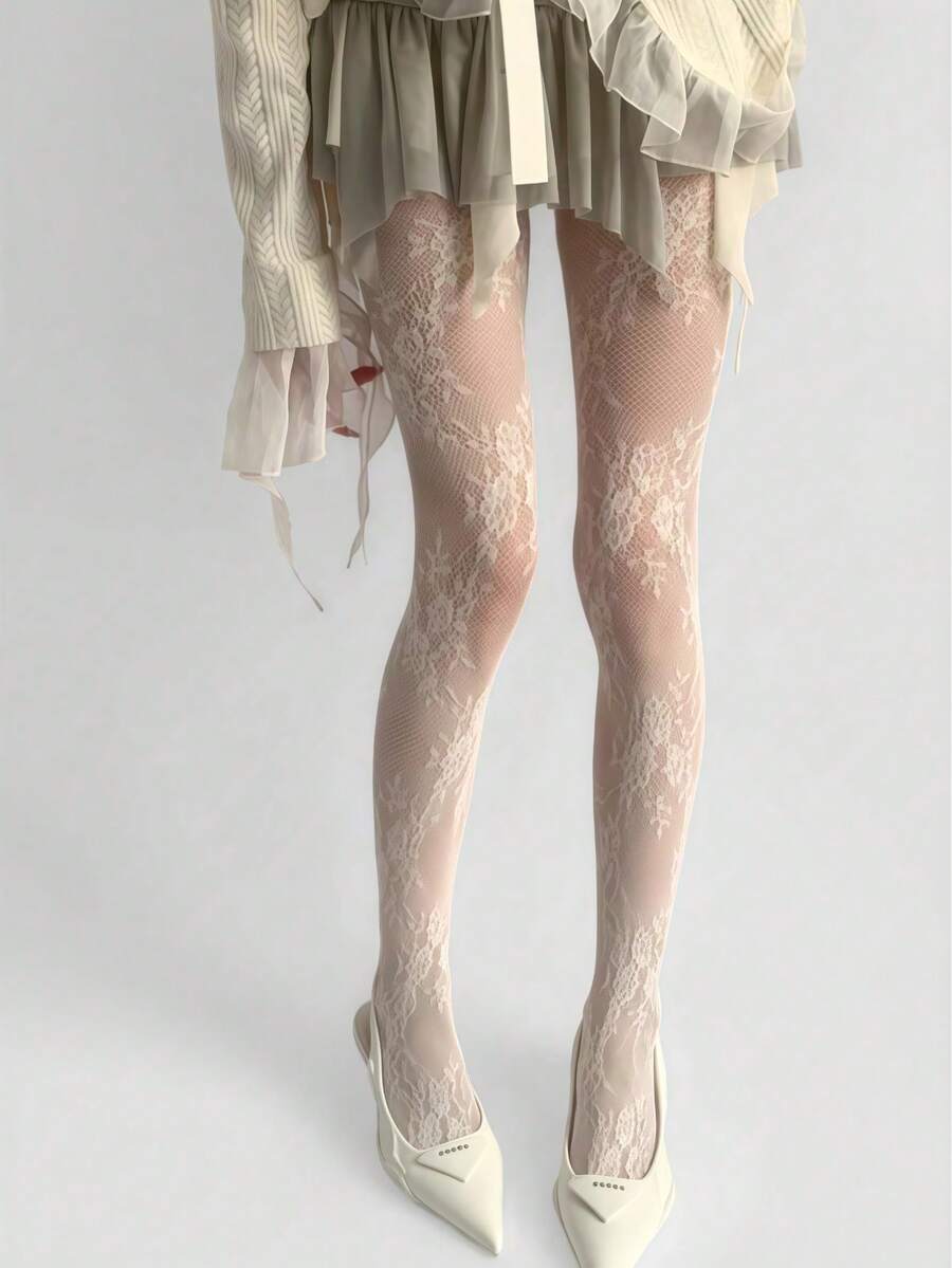 1 Pair Women's White Floral Lace Fishnet Tights, Elegant Sheer Mesh Hollow Out Pantyhose, Decorated With Romantic Floral Pattern, Soft Elastic Lace Socks, Suitable For Playful Outfits, Ballet Style, Bridesmaid Party, Date Night, Graduation Ball, Wedding Guest, Pair With Skirts And Dresses, Photogenic Fashion Leg Accessory - A - View 1