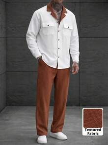 Men's Spring/Autumn Lightweight Polyester 2-Piece Set, Contrast Trim Single-Breasted Shirt With Collar, Dual Pockets, Long Sleeve And Drawstring Solid Color Pants, Casual Regular Suit - Multicolor - View 2