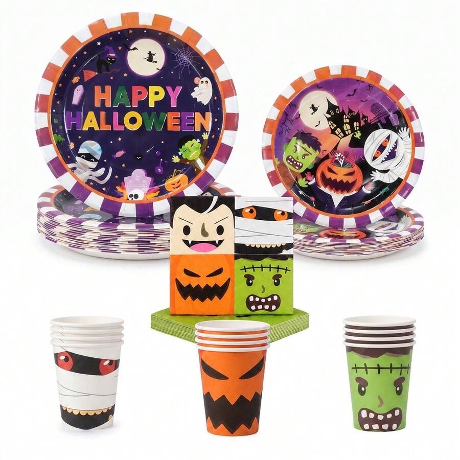 10/20/70pcs Cute Funny Monster Halloween Disposable Tableware Set, Mummy Monster Fang Pumpkin Ghost Print Paper Plates Cups Napkins, Halloween Party Disposable Tableware, Halloween Trick Or Treat Table Decor - View 1