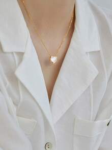 1pc Exquisite Cute Heart-Shaped Copper Zirconia Pendant Necklace For Women, Suitable For Party And Gathering Wear - Yellow Gold - View 4