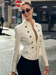女款白色短版夾克外套 拉鍊式長袖西裝外套 素色金屬鈕扣 修身時尚軍風外衣 秋季穿搭 夏季女款 - 白色 - 查看 3