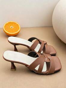 A Pair Of Women Heeled Sandals Cross Strap Square Toe Block Heel PU Minimalist White Casual Work Style - Brown - View 5