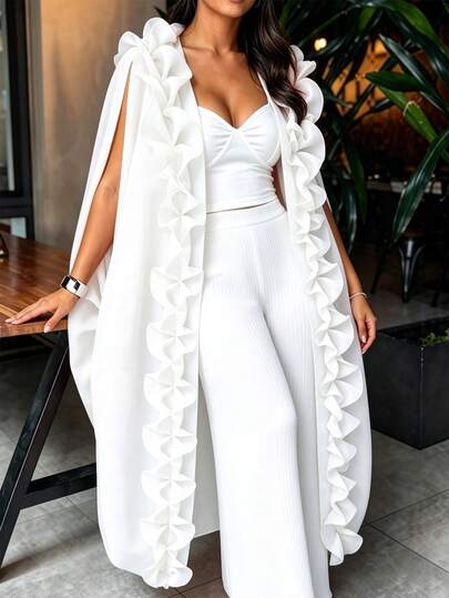 AOMEI Women's Elegant White Loose Sheer Kimono Dress With Ruffle Trim, Open Front And Drawstring Design, Wedding Guest Party Dress